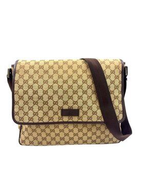 Gucci GG Canvas Brown Beige Shoulder Bag Silver